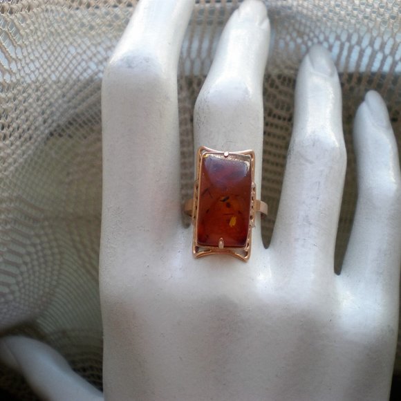 Vintage Russian Russia 14K 583 Rose Pink Gold Baltic Honey Amber Cocktail RING - Picture 5 of 10